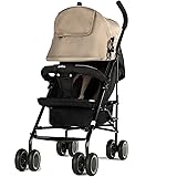 Evezo 2141A Full-Size Ultra Lightweight Umbrella Stroller, Reclining Seat, 5-Point Safety Harness, Canopy, Storage Bin (Taupe