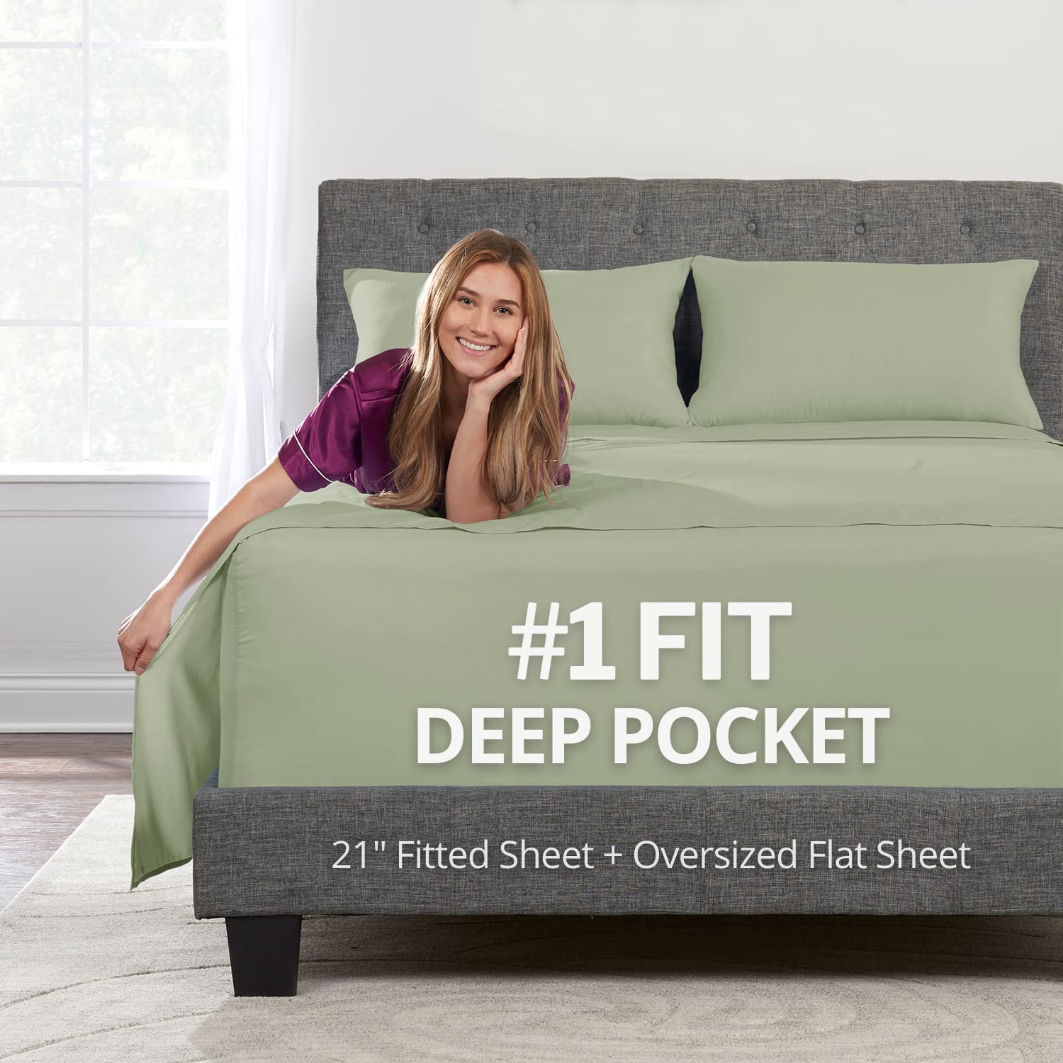 Deep Pocket Queen Sheet Sets – 21” Inch Extra Deep Pocket Queen Sheet Sets – 4 Piece Bedding Sheets & Pillowcases with Oversize Flat Sheet – 18”–23” Pillow Top Sheets for Queen Size Bed – Green Laurel Image
