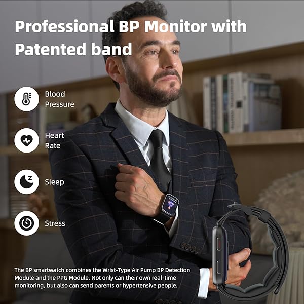 SMART WATCH, 1.95″ BLOOD PRESSURE SMART WATCH WITH AIR PUMP CUFF, BLOOD PRESSURE MONITOR WATCH WITH SLEEP HEART RATE MONITOR, PEDOMETER, BLOOD PRESSURE WATCH SUPPORTS DATA SHARING, REMINDER MONITORING