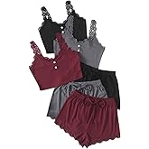 GORGLITTER Women's 6 Pieces Pajamas Set Ribbed Knit Sleeveless Crop Cami Top and Shorts Sleepwear