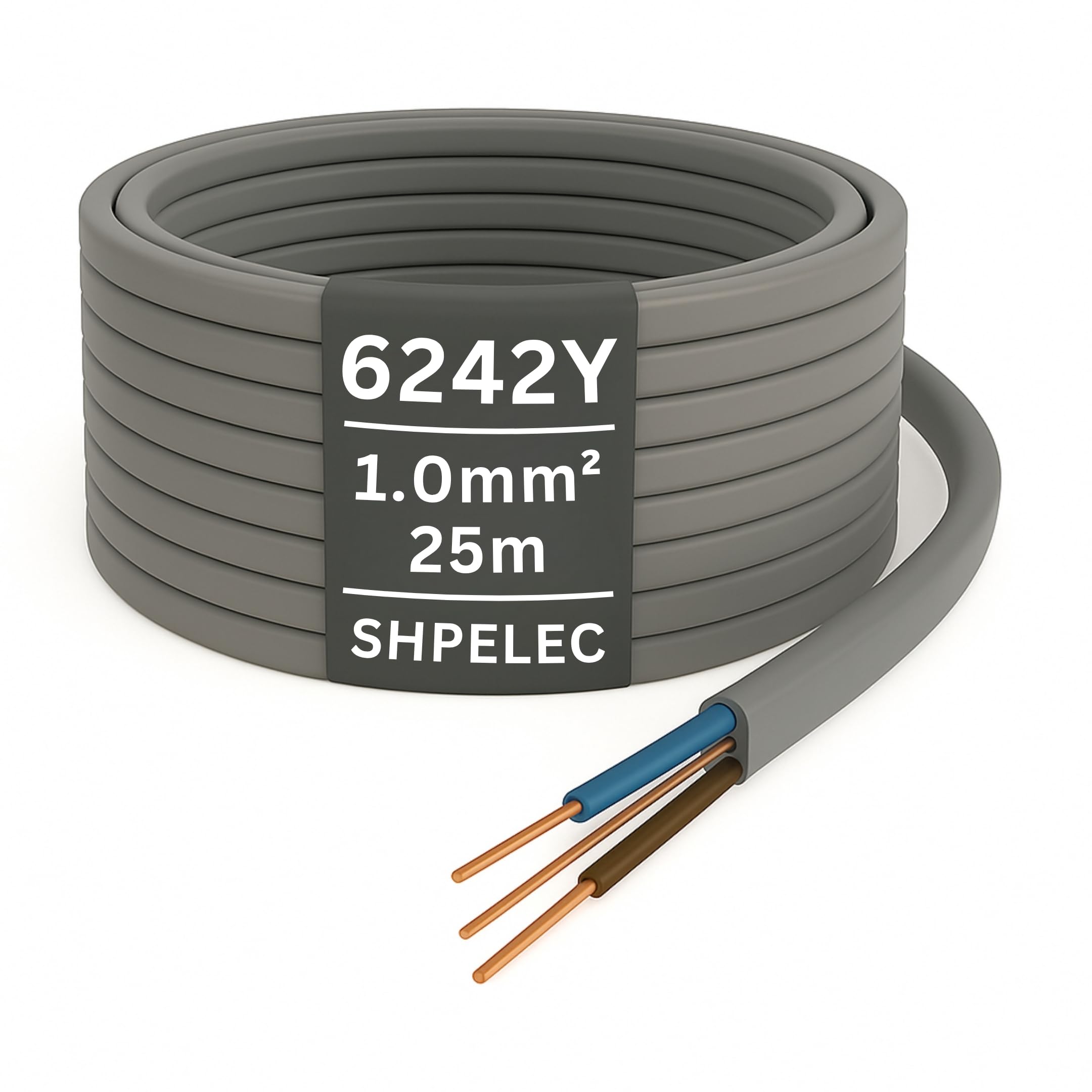 SHPELEC® Electrical Grey Twin and Earth 6242YH Cable - 1.0mm Lighting LED Twin and Earth 6242YH Cable - All Lengths (5m, 10m, 15m & 20m)) (1.0mm 25m)