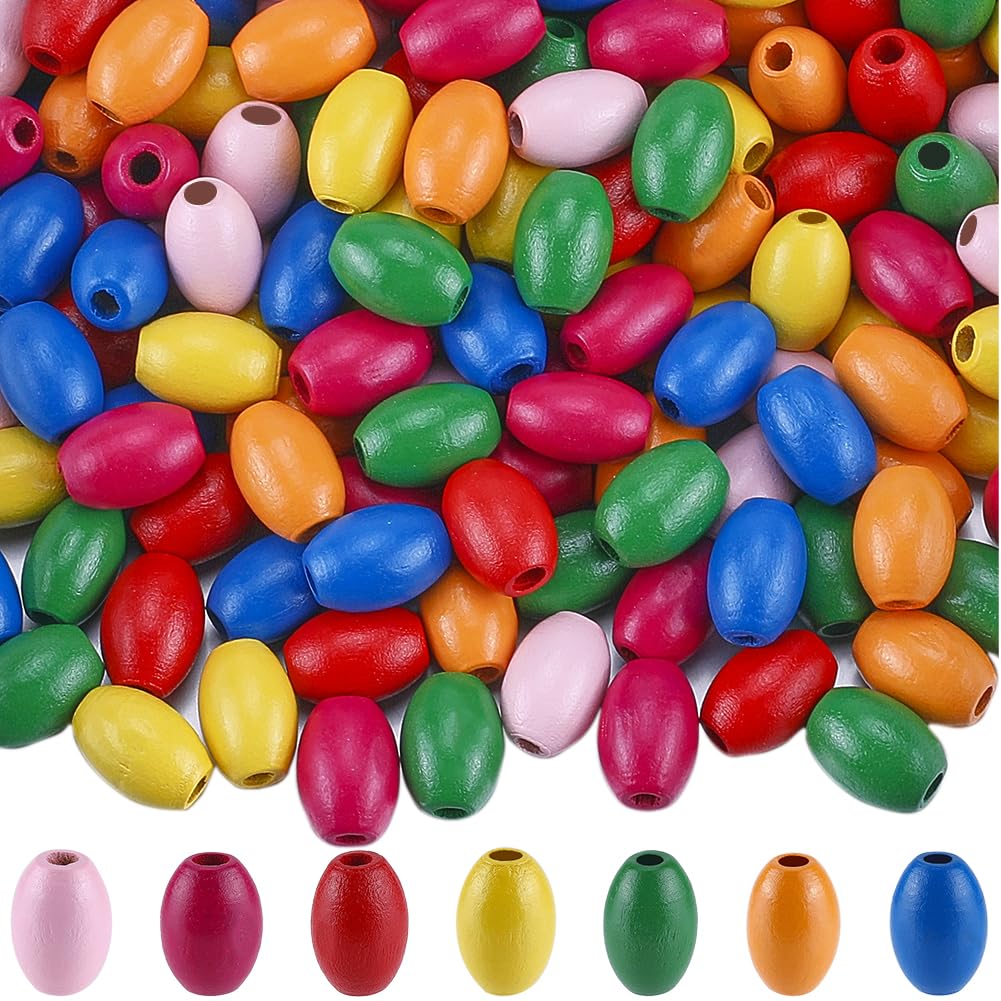 GORGECRAFT 200PCS 17 x 12MM Oval Wood Beads Colorful Natural Assorted Color Large Hole Bead Barrel Painted Wooden Spacer Loose Ball Bulk for DIY Craft Project Room Decoration Jewelry Bracelets Making