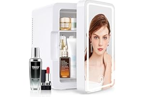 PERSONAL CHILLER Mini Fridge, 6L Skincare Fridge with LED Makeup Mirror, Portable Cosmetic Mini Fridge for Refrigerating Makeup, Snacks, Bedroom Vanity, Office, White