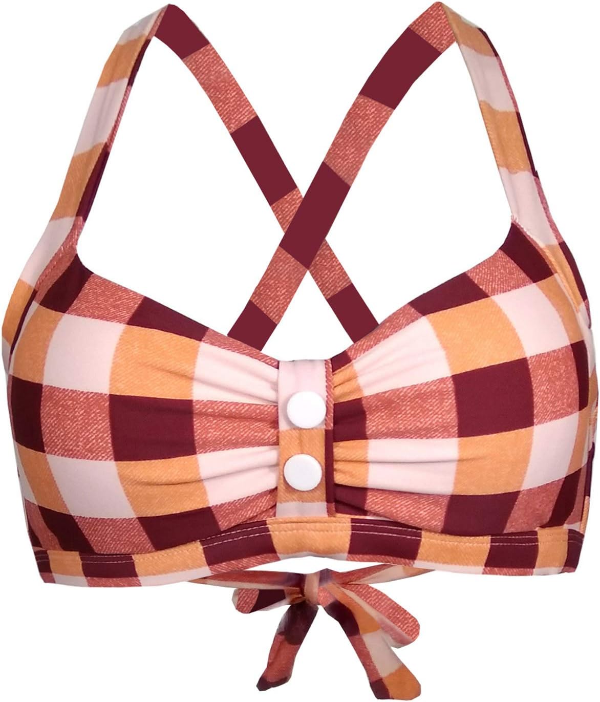 Balasami Women's Retro 50s Plaid Pattern Polka Dot Halter Molded Soft Pads Vintage Bikini Swimsuits Tops