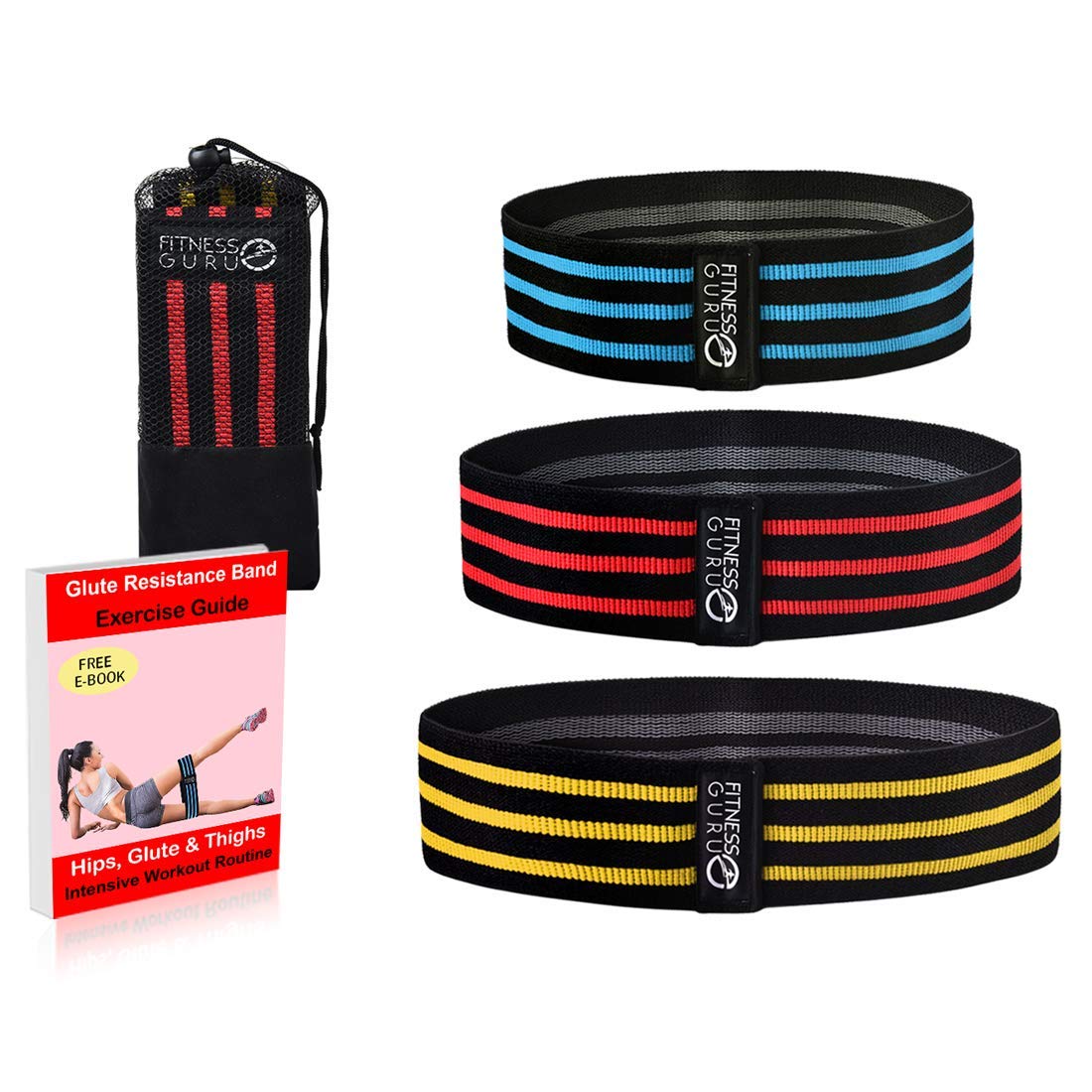 Fitness Guru Fabric Resistance Bands, Non-Slip Glute Booty Bands Legs, Thighs & Hip Circle Exercise - Resistance Bands set Women for Strength Training, Yoga, & Pilates - 3 Pack