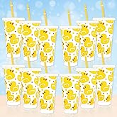 JarThenaAMCS 12Pcs Rubber Duck Plastic Cups with Straw and Lid Yellow Duck Tumbler Cute Plastic Cups for Cold Drinks Home Office Decoration Party Favors