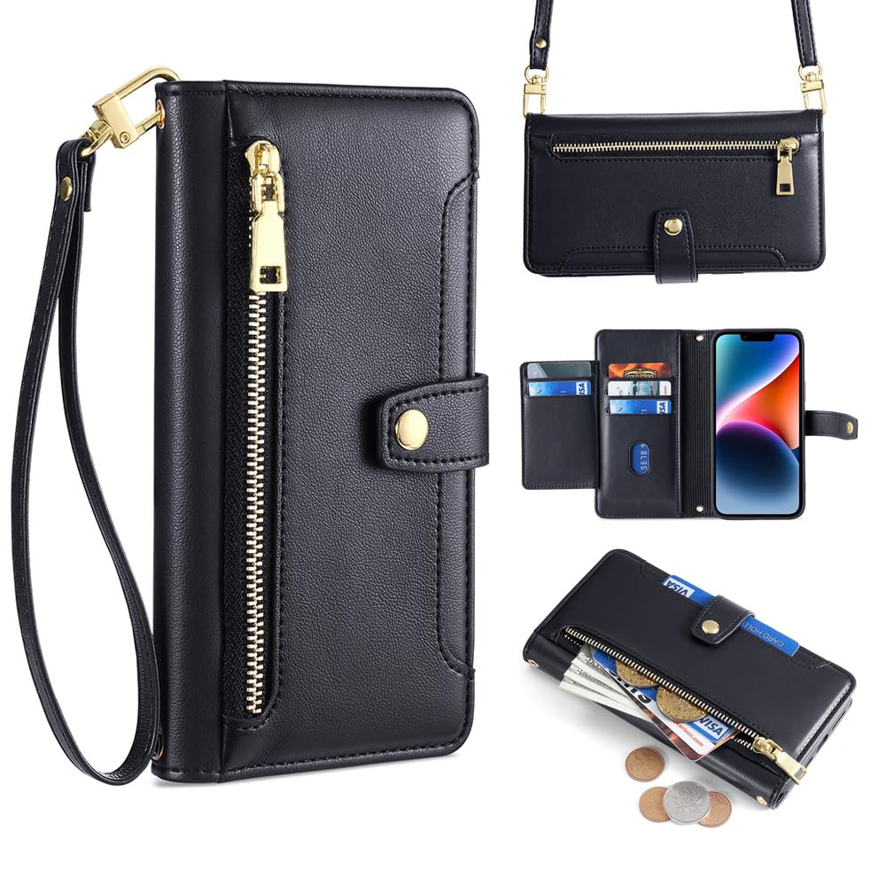 MOJIA Case for Sony Xperia 1 VI, Premium PU Leather Wallet Case Flip Phone Cover with Shoulder Strap and Wrist Strap, Card Holder Multifunctional Case. Black