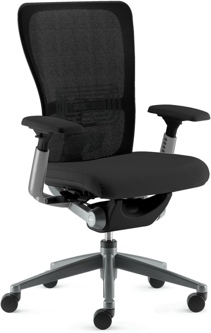 Haworth Zody Task Chair by Advanced Model - Back Stop - Fwd Tilt - Highly Adj 4D Arms - Standard Carpet Casters - PAL Back System - Silver Base/Black Trim/Support Mesh Back/Black Tellure Fabric