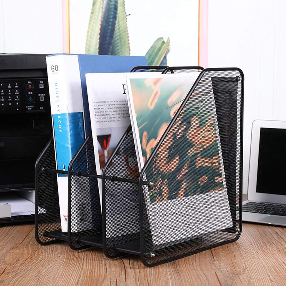 Mesh Magazine File Rack Holder, Magazine Holders Frames for Desk Magazine Rack Metal Magazine Holder 3 Mesh Compartments Mesh Magazine File Rack Holder Desk Book Sorter for Paper Magazine Documents - Image 4