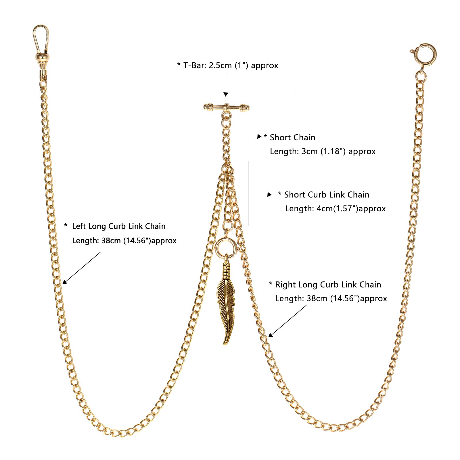 TREEWETO Men's Double Albert Chain Pocket Watch Curb Link Key Chain 3 Hooks with Antique Leaf Pendant Charm Design Copper Fob T Bar