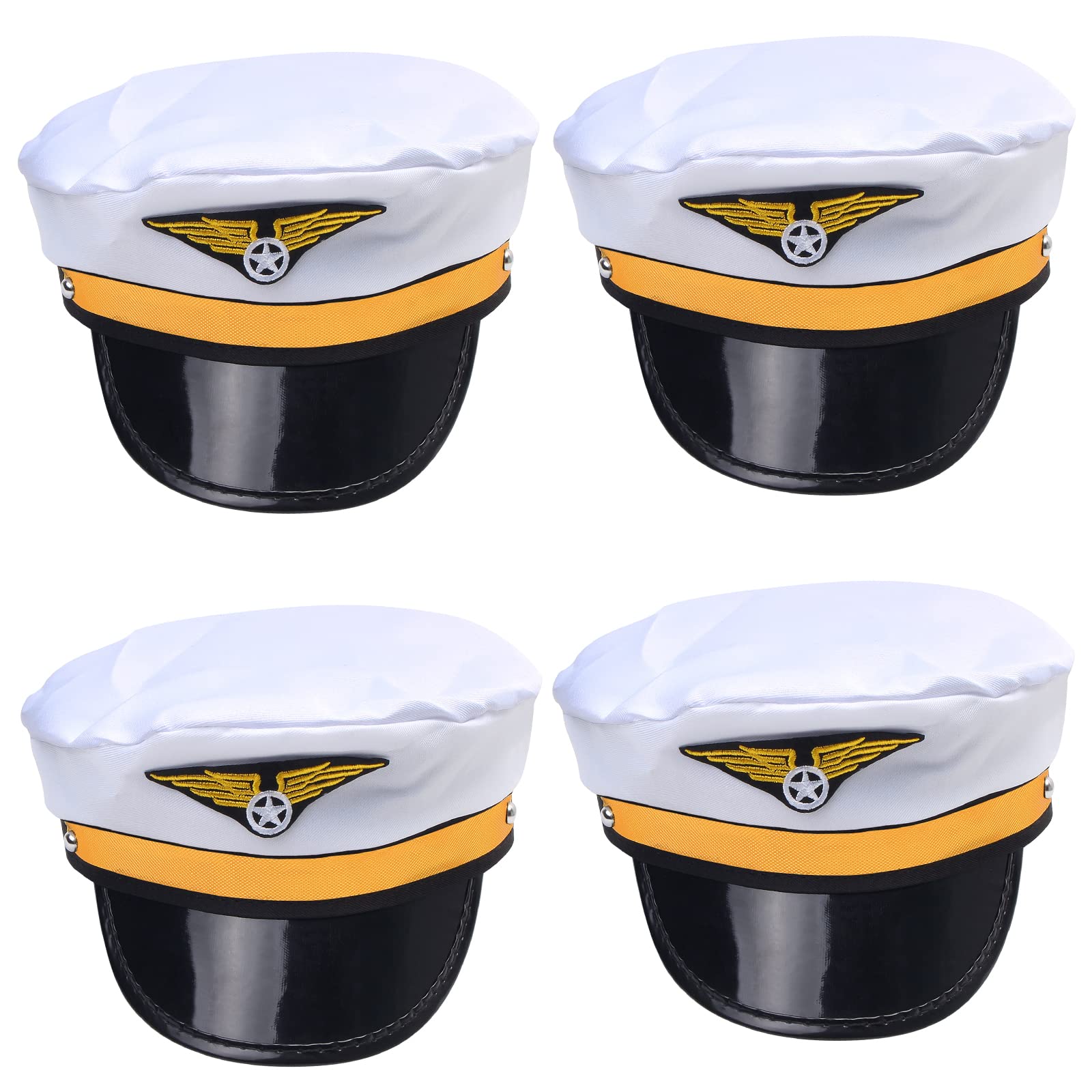Photo 1 of Aichiyu Pack of 4 Captain Pilot Hat Cap Airline Pilot Captain Aviator Airplane Navy Costume Hats Caps for Men Women, White