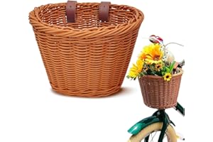 RELWEARS Women Men Bicycle Front Handlebar Bicycle Basket, Front Hand-Woven Bike Basket with Leather Belt (Brown)