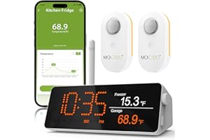 MOCREO WiFi Remote Thermometer Freezer Alarm, 1/3 Mile Long Range, IP66 Waterproof, App Email Alert, with Digital Monitor Hub, 2 Smart Wireless Temperature Sensors for Fridge, RV, Greenhouse