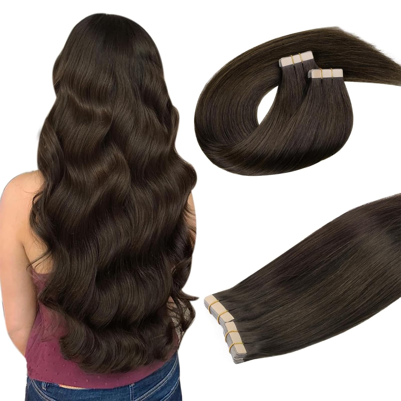 DOORES Tape in Hair Extensions Real Human Hair, Light Dark Brown 16 Inch 100g 40pcs, Human Hair Extensions Tape in Straight Remy — image 1