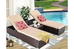 Furnimy 3 Pieces Outdoor Patio Chaise Lounge Chair Set PE Rattan Wicker for Poolside Porch Backyard, 2 Lounge Chairs with Patio Chaise Lounge Cushions and Tempered Glass Top Coffee Table(Beige)