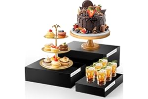 BrightRow 3 Pack Extra Large Acrylic Buffet Risers - 14”, 12”, 10” Black Display Stands with Hollow Bottoms, Cube Riser Boxes Nesting for Dessert Food Catering Buffet Display Party Supplies