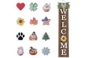 FLOWTORELY Interchangeable Outdoor Welcome Sign for Front Porch Standing 47"X8" Set of 3 Large Wood Frame with 12 Pcs Icons Vertical Tall Leaner Outside Welcome Sign for Front Door Decor(Wood)