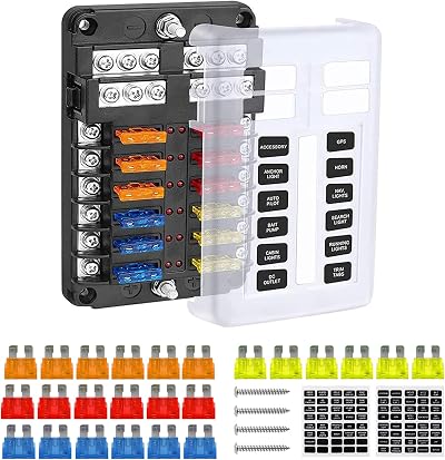 Tawveml 12-Way ATC/ATO Fuse Block with Negative Bus LED Indicator 12-24V