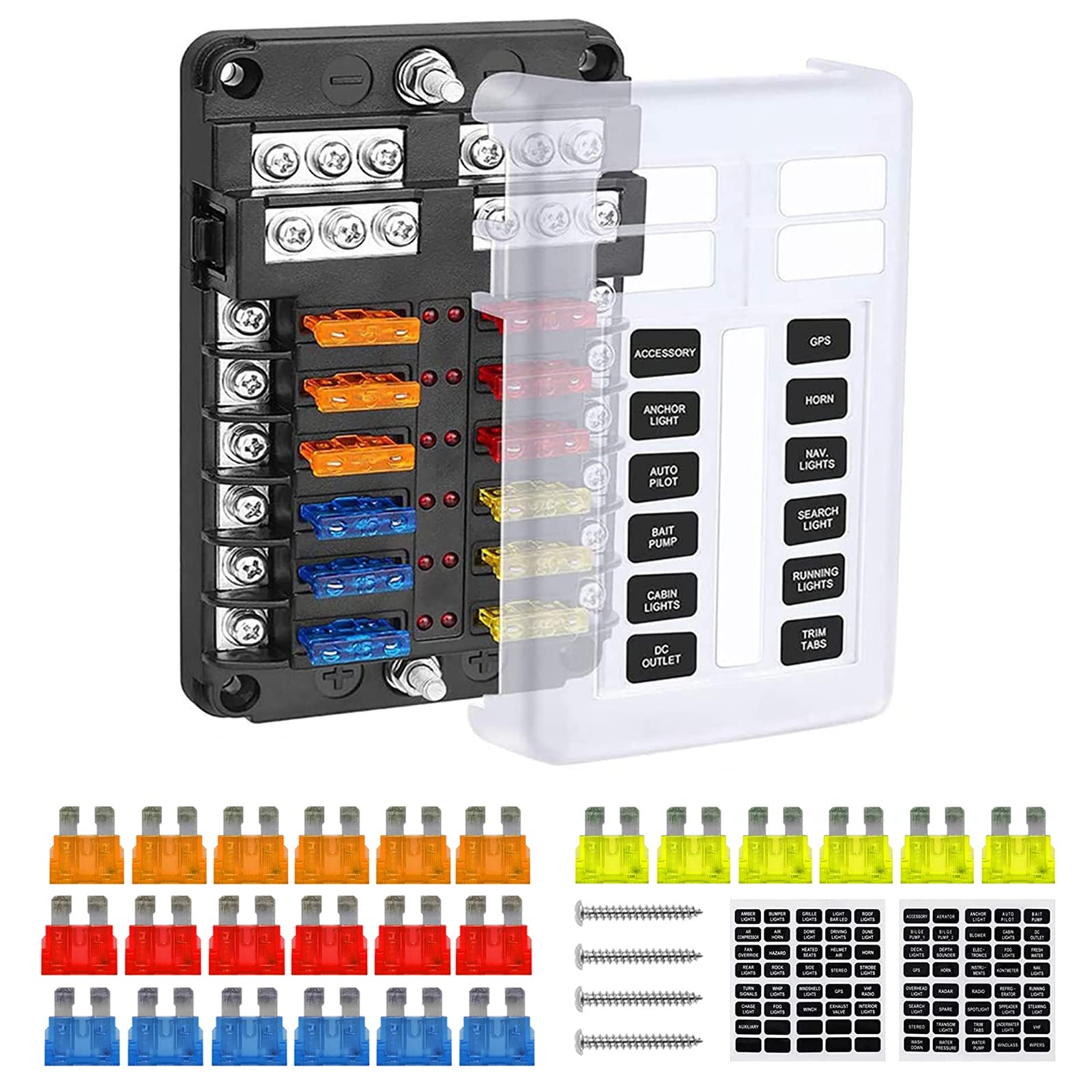 Tawveml 12-Way Blade Fuse Block W/Negative Bus – ATC/ATO Fuse Box Holder with Ground, LED Warning Indicator &Damp-Proof Cover Automotive Box Holder for Car Boat Marine RV Truck DC 12-24V