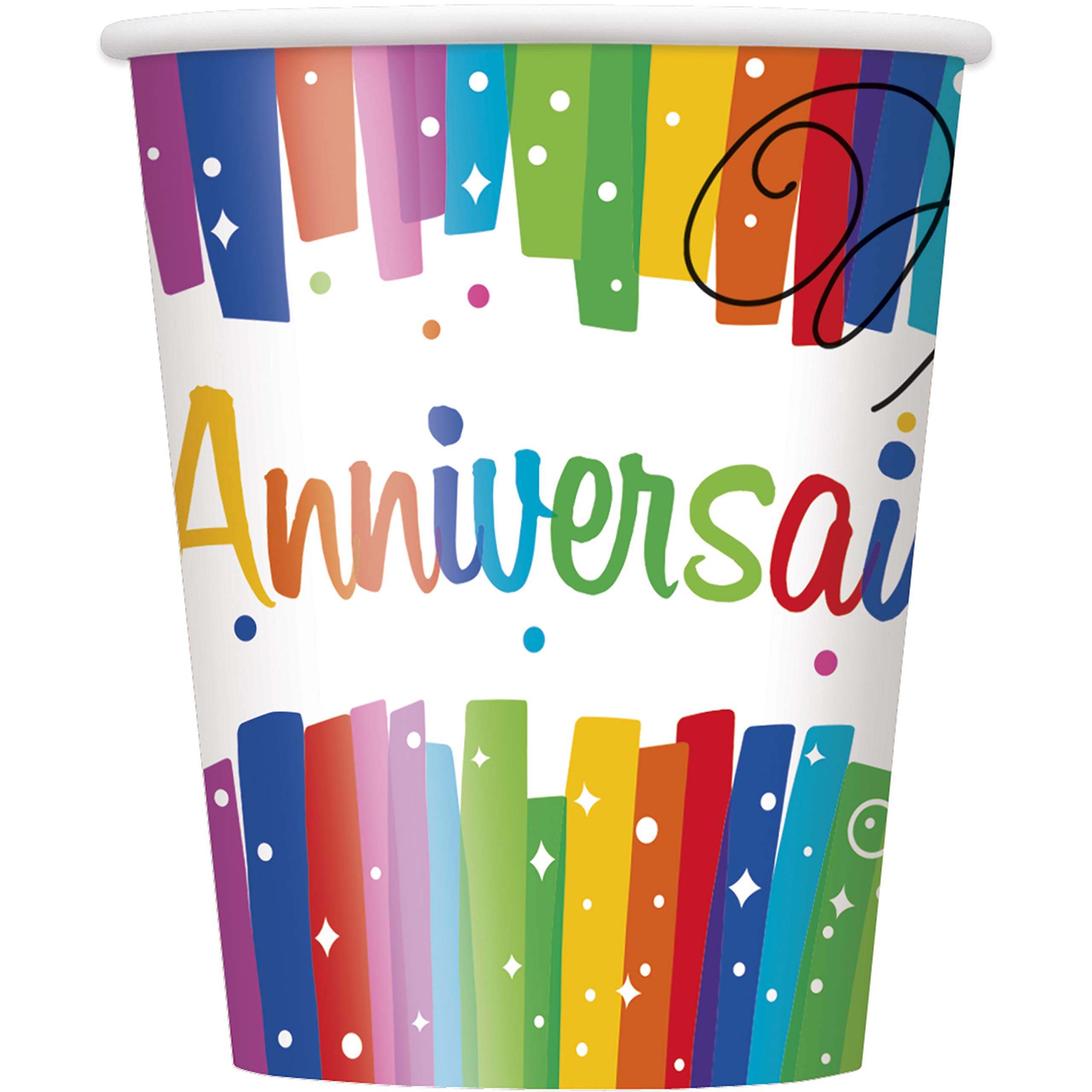 Unique Party 56906 - 9oz Rainbow Ribbons Joyeux Anniversaire Paper Cups, Pack of 8