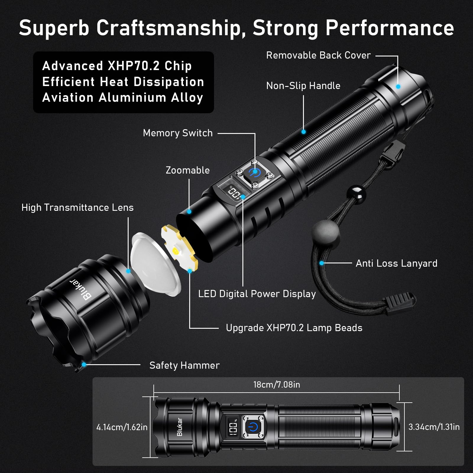 Blukar Taschenlampe LED Aufladbar, Extrem Hell Hohe Helligkeit Taschenlampen Zoombare Handlampe mit 5 Lichtmodi, IP67 Wasserdicht Flashlight Torch für Camping, Outdoor, Notfäll 8