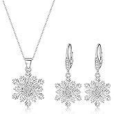 Crysdue Sparkle Cubic Zirconia Snowflake Pendant Necklace Leverback Dangle Earrings Christmas Jewelry Set Gift for Women