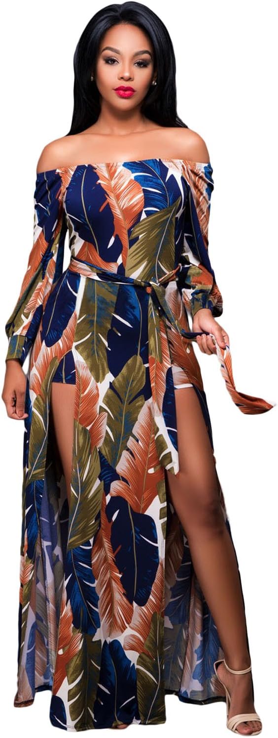 Womens Sexy Off The Shoulder Floral Printed Slit Club Overlay Shorts Jumpsuits Romper Maxi Dress