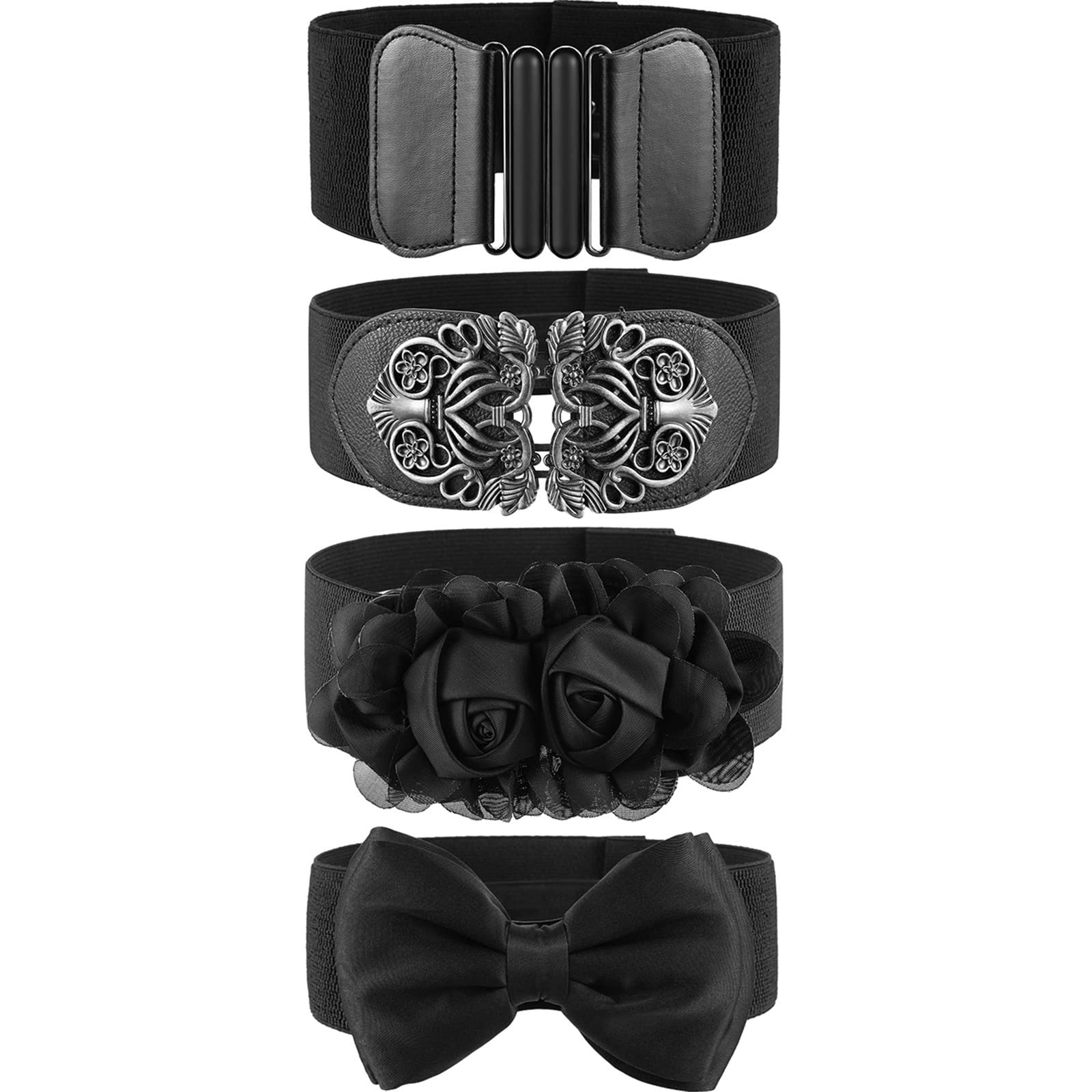 Photo 1 of Chuangdi 4 Pieces Women Vintage Wide Waist Belt Black Belt for Dress Elastic Stretch Retro Waistband for Jeans Pants(Rustic Style)