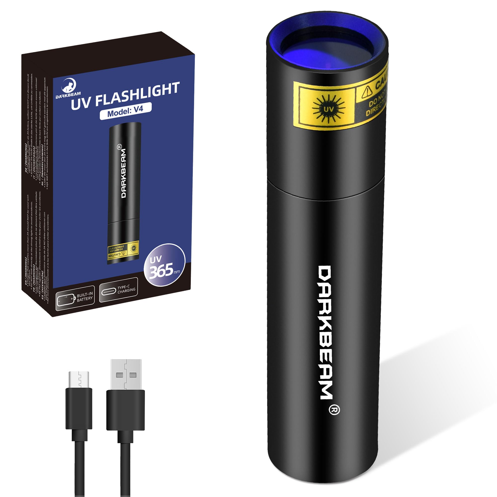 DARKBEAM UV Torch 365nm Black Light Woods Lamp, USB Rechargeable Blacklight LED Ultraviolet Flashlight, Mini Portable Detector for Pet Urine, Uranium Glass, Rocks, Curing Resin, Leak Detection