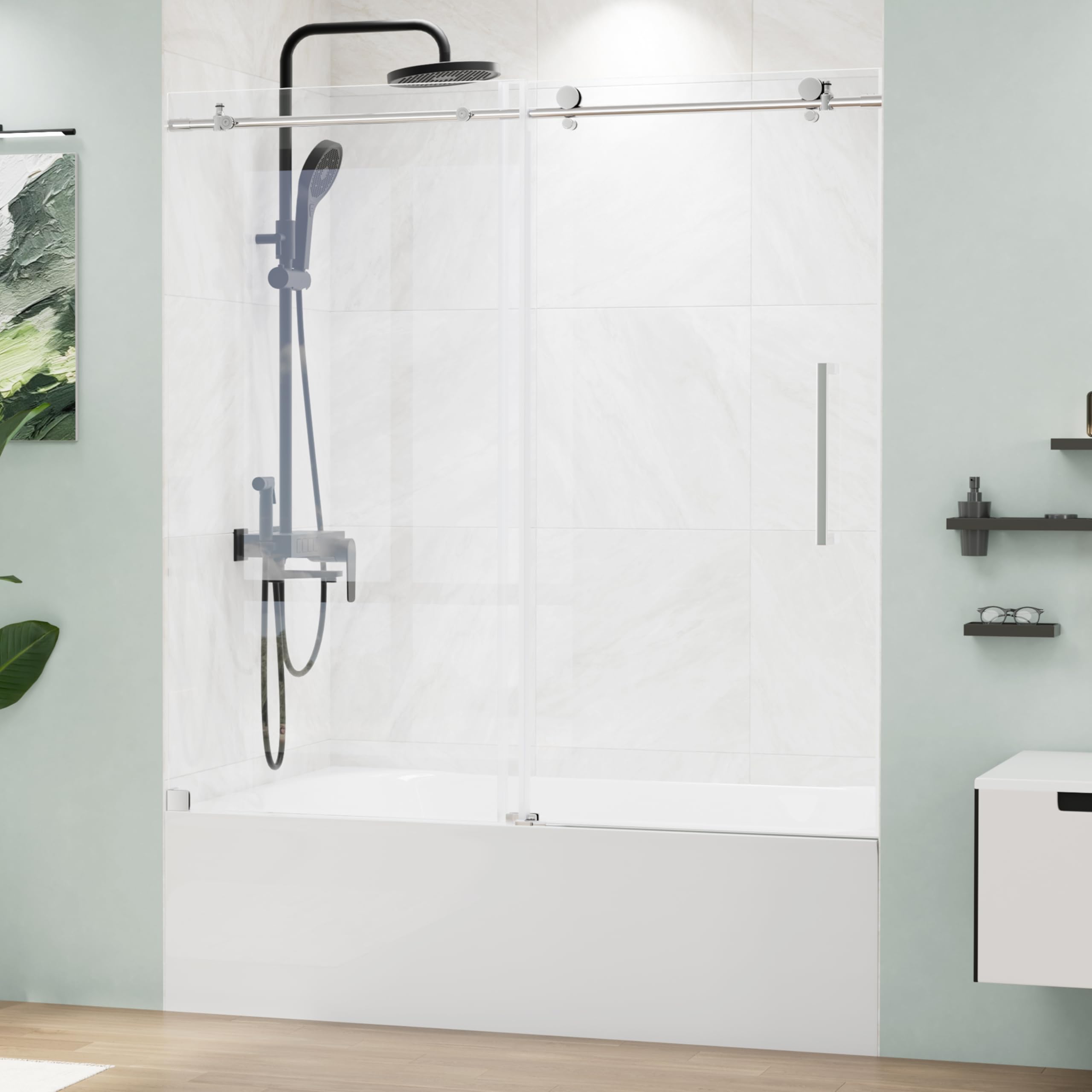 View 1 of *This item is used; it is unknown if it is missing parts and if it functions 100%.***MORDEER Frameless Tub Shower Door 56-60" W x 59" H, SGCC Clear Tempered Glass Bathtub Glass Door with Explosion-Proof Film, Tub Doors Can Be Installed Left Or Right, Stai