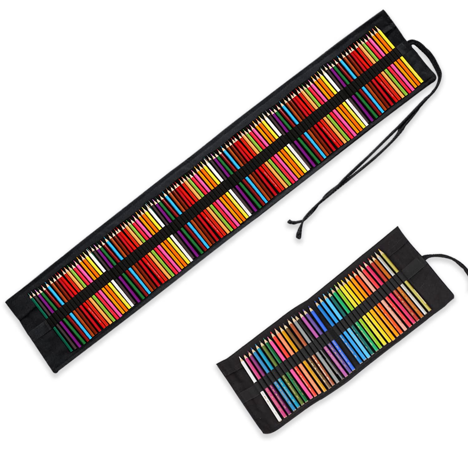 Fatiya 36+108 Slots Handmade Canvas Pencil Wrap, 2 Pack Black Sketching Travel Roll Up Pencil Holder Case for Colored Pencils, Coloring Pen Storage Pouch for Artist, No Pencils