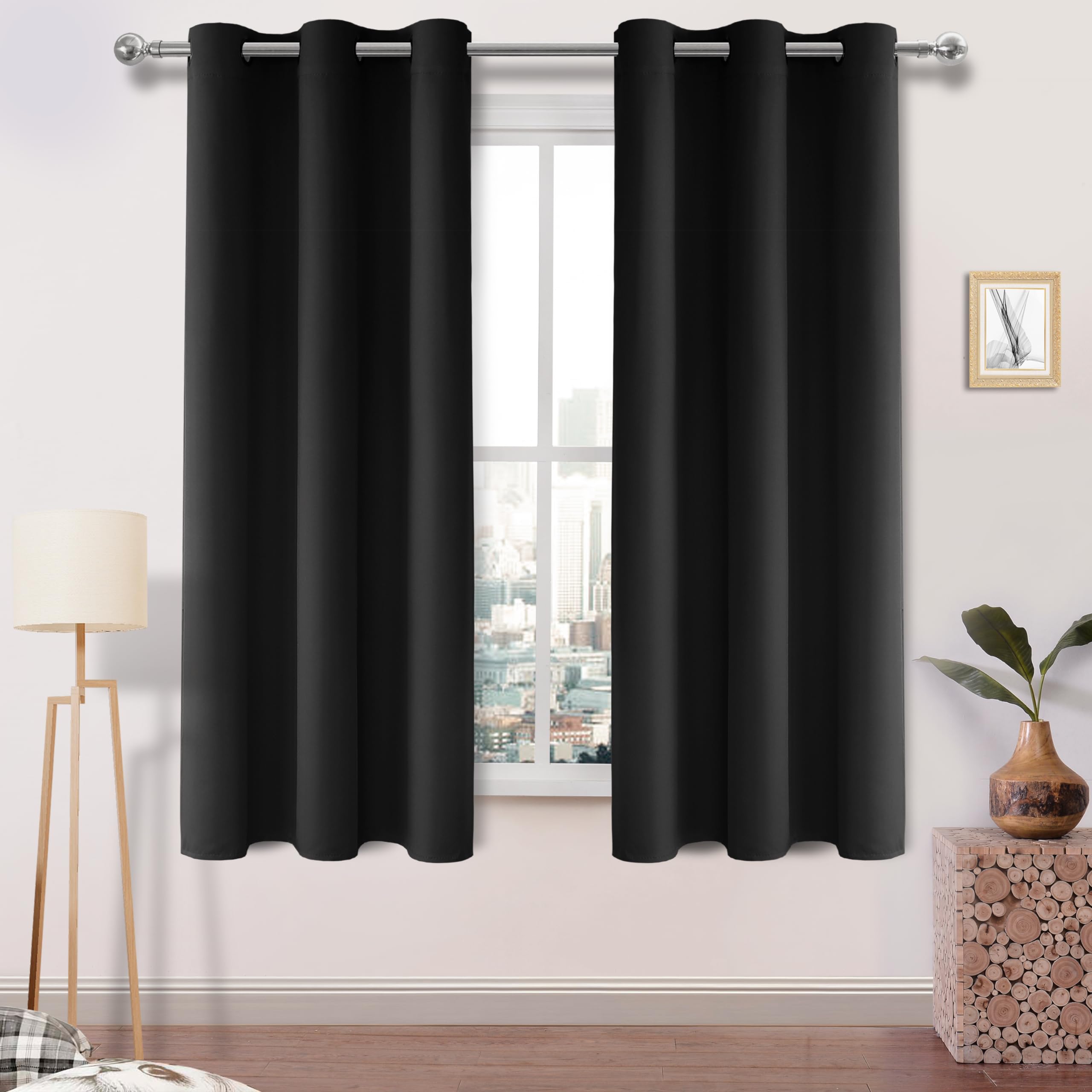 DWCN Black Blackout Curtains for Bedroom, Thermal Curtains 63 Inches Long, Room Darkening Drapes for Living Room - W42 x L63 Inch, 1 Pair, Black