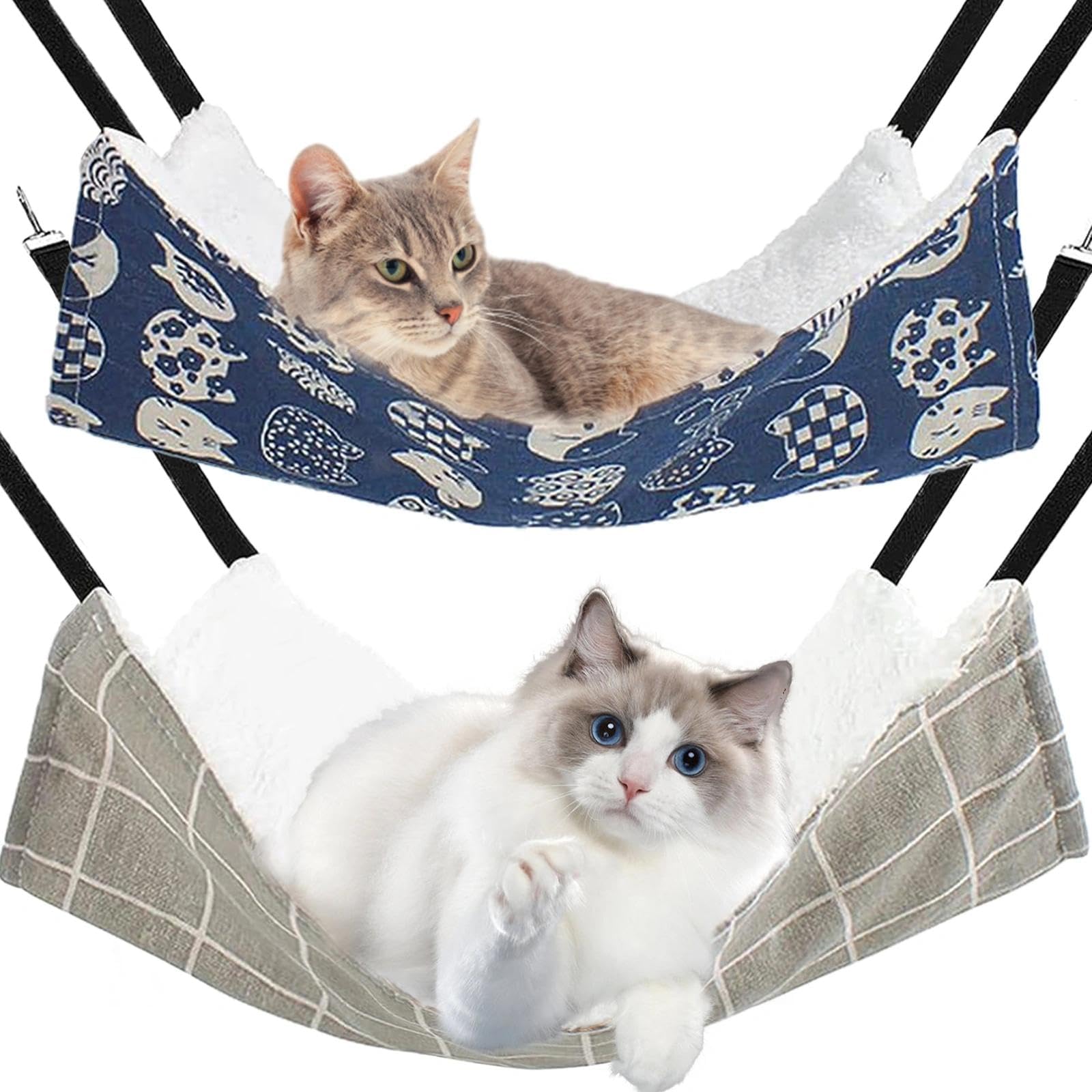LLMSIX 2PCS Breathable Plush Cat Hammock Bed Hanging Soft Pet Bed Swing with Metal Carabiners for Small Pet Kitten, Puppy, Rabbits, Guinea Pig (Gray, Blue)