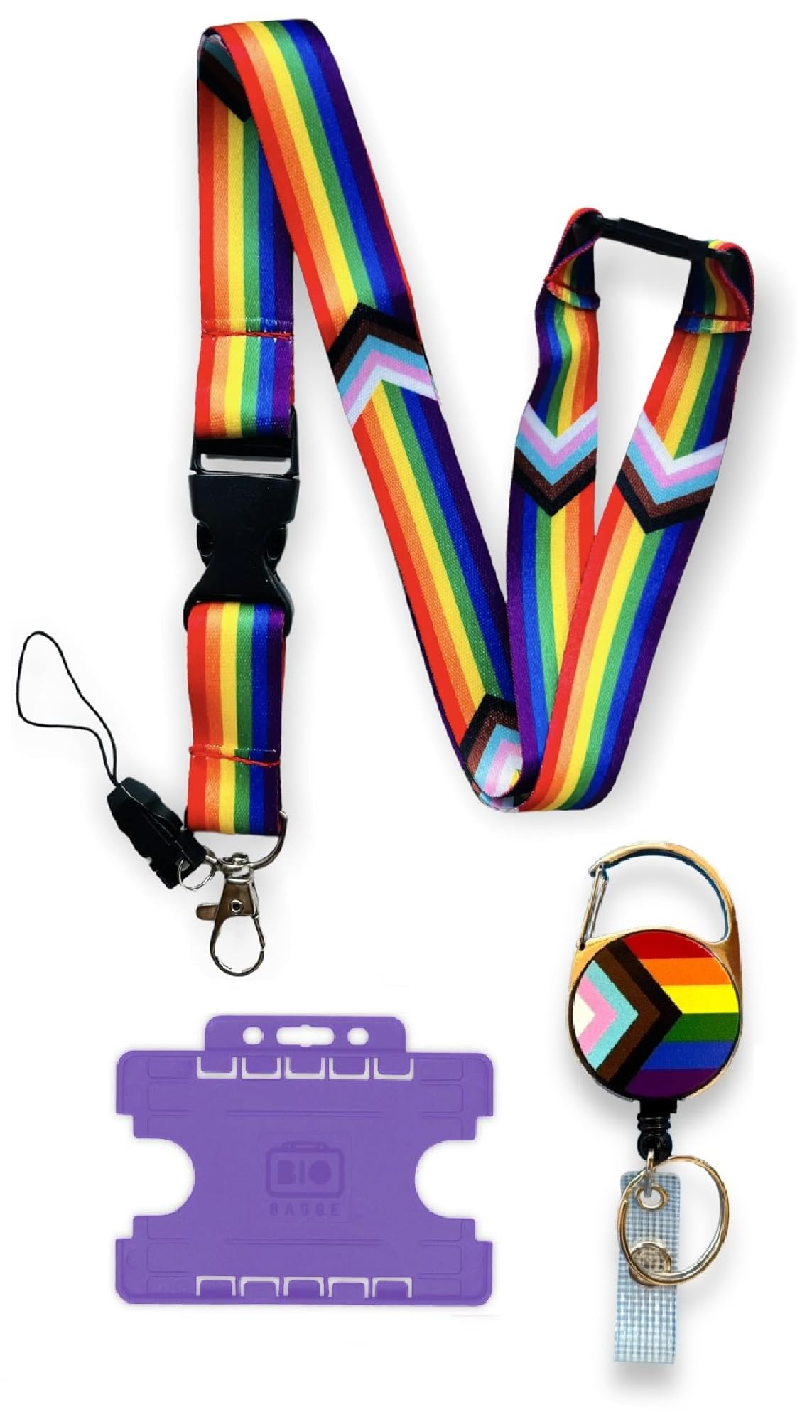 Rainbow LGBTQ Progress Pride Flag Lanyard with Detachable Buckle Clip, Purple Horizontal ID Card Holder, Retractable Badge Reel with Belt Clip