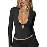 Hragc Women's Long Sleeve Deep V Neck Shirt Ribbed Knit Going Out Tops for Women Slim Fit Crop Trendy Y2k Casual Tight Shirts