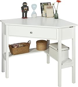 Haotian FWT931-W,White Corner Desk, Triangle Table Desk with Drawer, Home Office Desk Computer Workstation