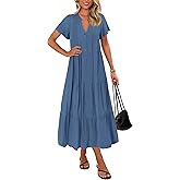 KIRUNDO Summer Maxi Dresses for Women 2026 Spring Fashion Short Sleeve Button V Neck Pleated Loose Tiered Swing Flowy Dress