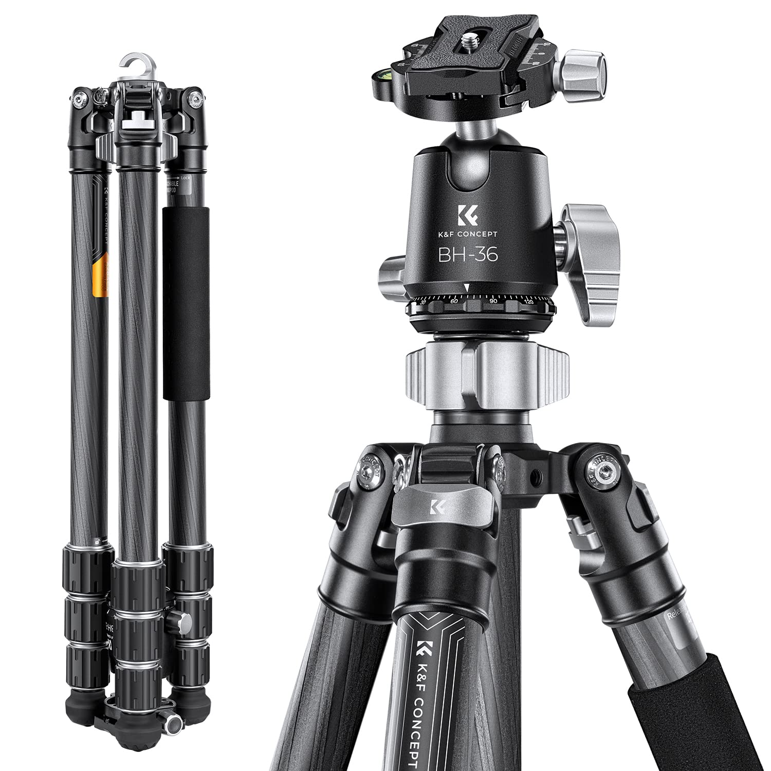 K&F Concept X-Series 68 inch/172cm Carbon Fiber Camera Tripod,Professional Photography Tripod with 36mm Metal Ball Head Load Capacity 16KG/35.2lbs for Indoor Outdoor Use X284C4+BH-36