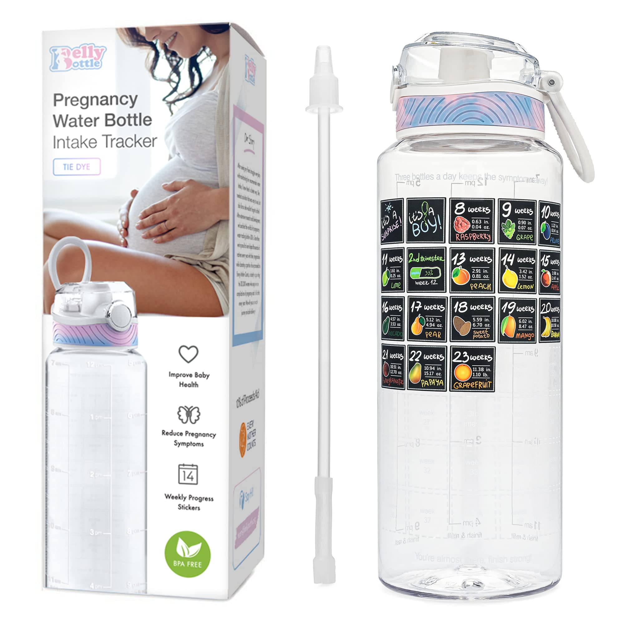 BellyBottle Pregnancy Water Bottle Tracker – First Trimester Essentials – Nausea Relief + Straw + BPA Free – Weekly Stickers