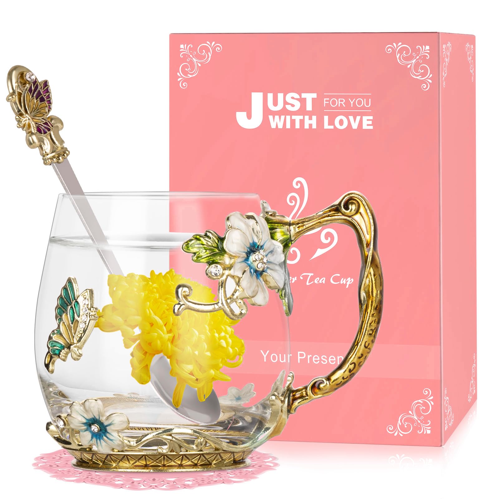 Wisolt Birthday Gifts for Women Teacher Christmas Gifts Flower Glass Tea Cup for Mum Wife Her Friend Anniversary Valentines Glass Coffee Cup Mugs with Spoon