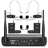 Pyle Dual Channel Wireless Microphone System - VHF Fixed Dual Frequency Wireless Mic Receiver Set with 2 Lavalier, 2 Headset Mics, 2 Transmitter, Receiver - For PA, Karaoke, Dj Party - Pyle PDWM2145