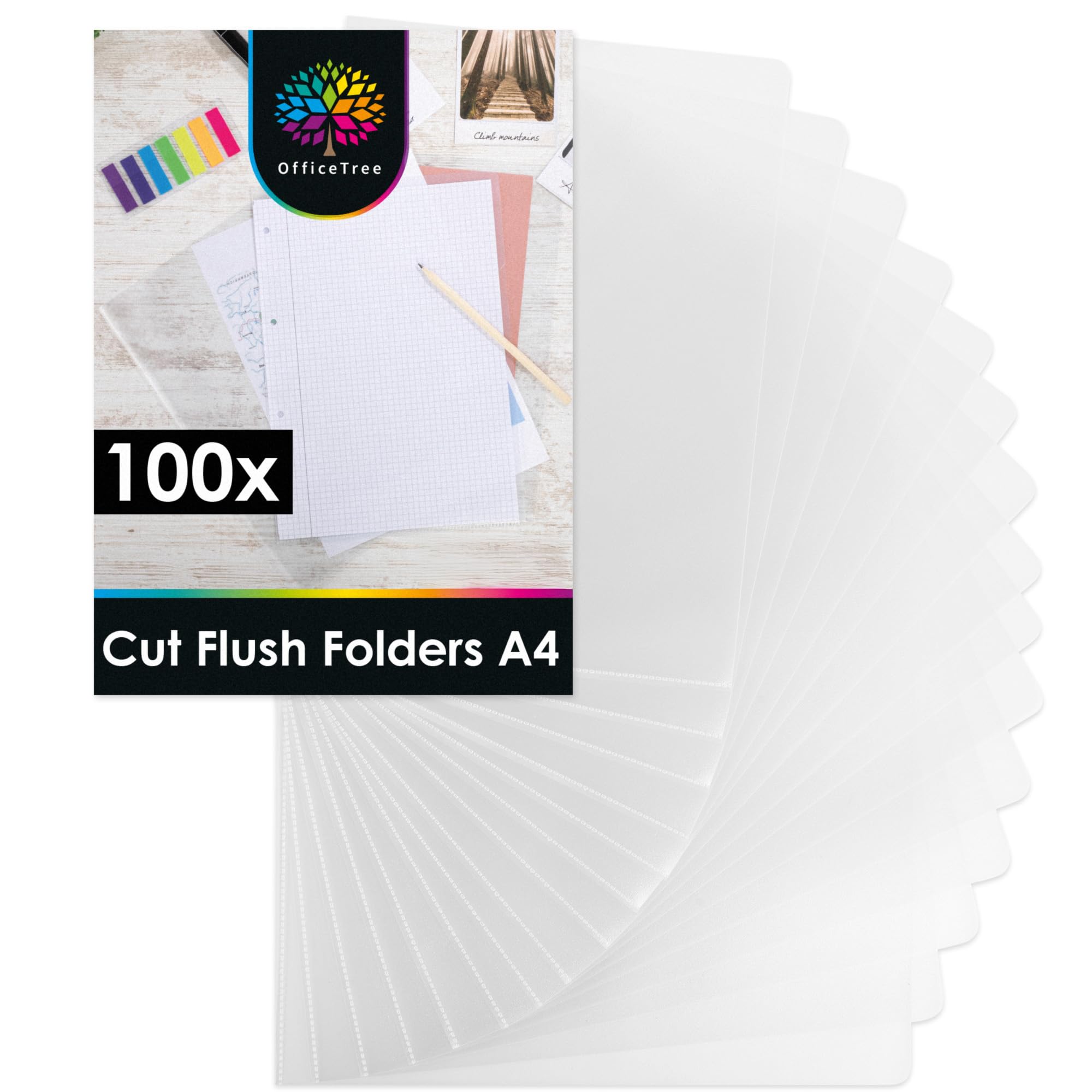 OfficeTree 100x Cut Flush Folders A4 Clear - Grained & Plain - Clear Plastic Wallets A4 Open Top and Side - Plastic Sleeves L Type Folder to Protect Paperwork - File Folders - Page Protectors