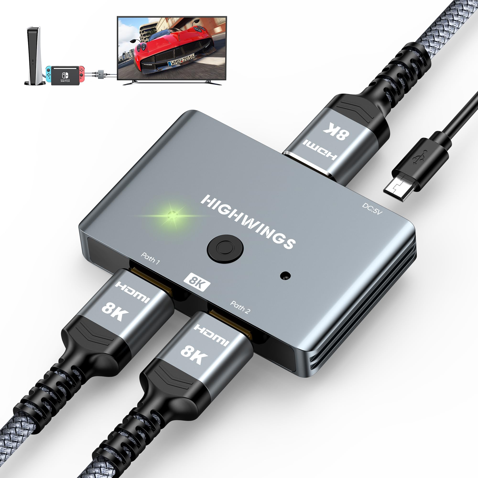 HDMI 2.1 Switch 8K HDMI Splitter, Highwings [Upgrade, Bidirectional] 4K@120Hz HDMI Switcher 2 in 1 Out Supports 8K@60Hz, Aluminum HDMI Switch Selector for PS4/PS5 Xbox Roku Apple TV Fire Stick Sony TV