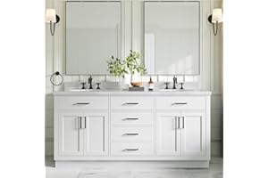 ARIEL 73" White Double Vanity, 1.5" Edge Pure White Quartz Countertop & Splash, Oval Sinks, 4 Soft Closing Doors, 6 Full Extension Dovetail Drawers, Toe Kick, Matte Black