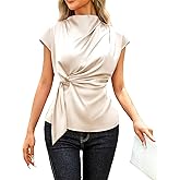 VIDUSSA Womens Dressy Casual Tops - Silk Satin Work Blouse Mock Neck Cap Sleeve Ruched Tie Front Peplum Tunic Shirts