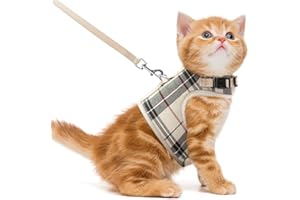 PUPTECK Soft Mesh Cat Vest Harness and Leash Set Puppy Padded Pet Harnesses Escape Proof for Cats Small Dogs Rabbits Bunny, Plaid Beige, M