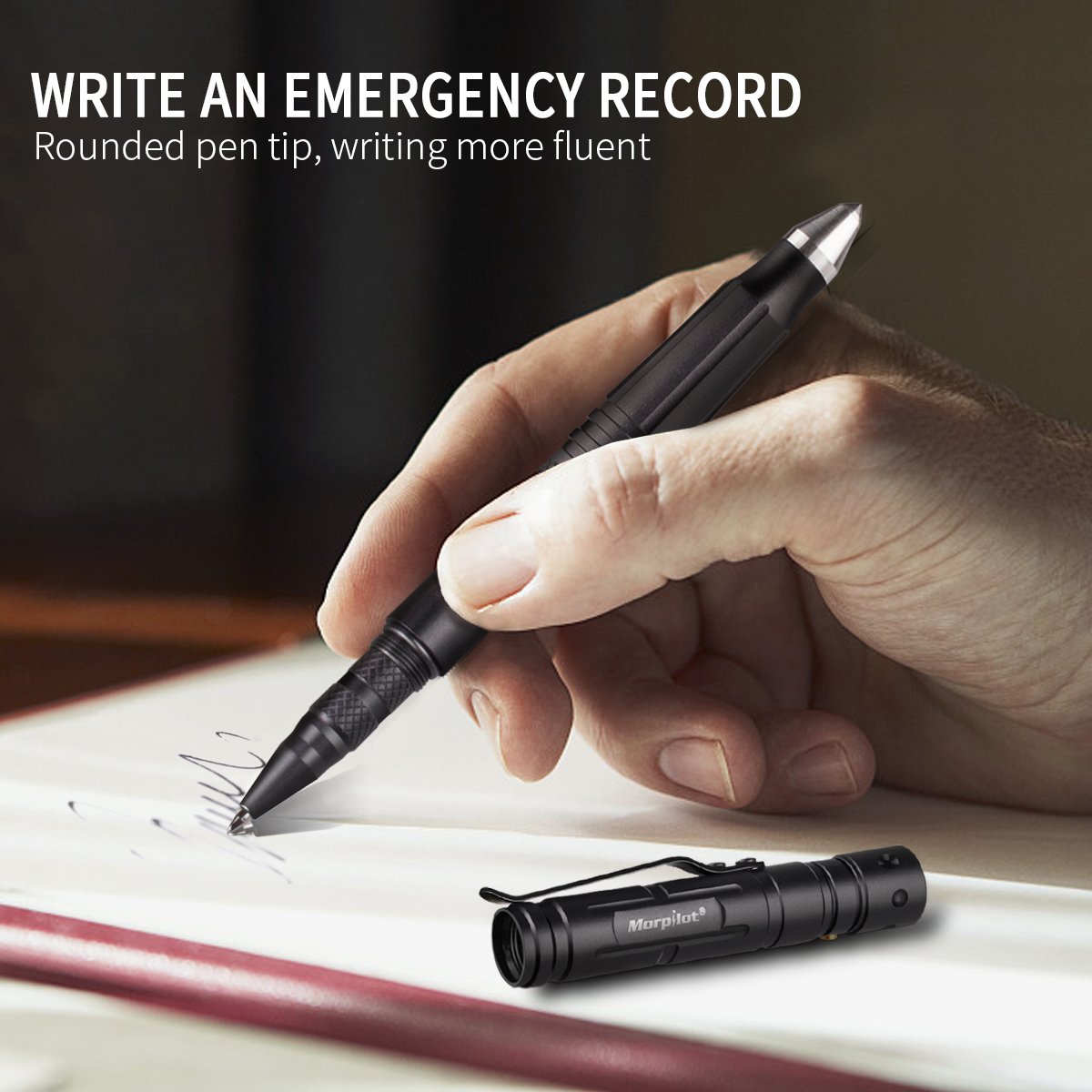 Set di Coltello Pieghevole e Penna Tattica, Coltello Tattico 5 in 1, Penna Multifunzione 7 in 1 con torica 80LM Morpilot Pieghevole 110mm, Acciaio inossidabile, Portatile e Confortevole, 2 Batterie Incluse, Nero