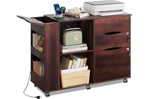 DEVAISE File Cabinet with Lock, 3 Drawer Rolling Mobile Lateral Filing Cabinets with Charging Station Printer Stand with Open Storage Shelves Fits A4 or Letter Size for Home Office Brown Oak