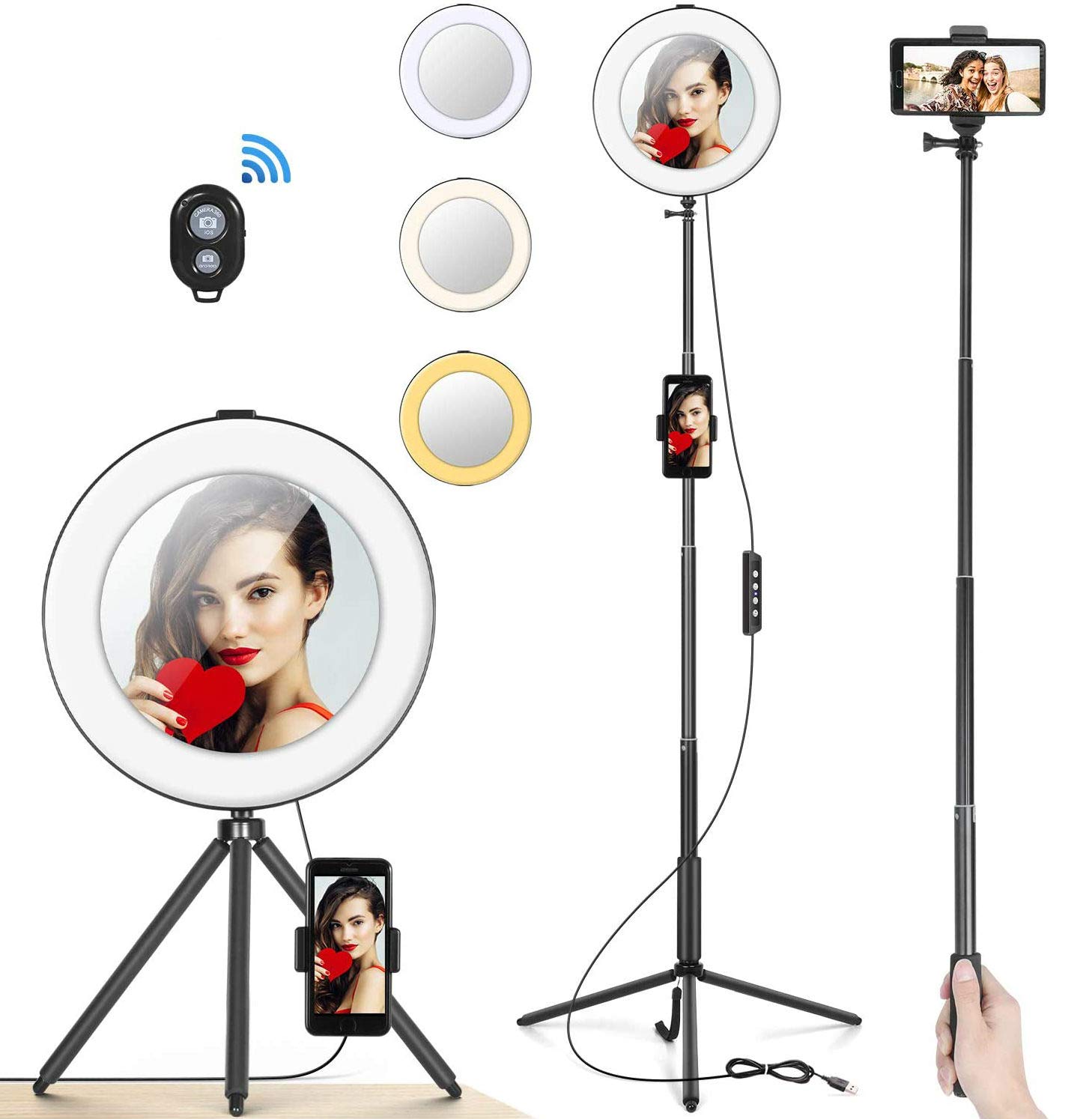 LED Ring light 8" with Mirror & Tripod Stand & Phone Holder for Youtube Makeup, MACTREM Ringlight Desktop Camera Light for Live Streaming Selfie 3 Light Mode & 11 Brightness Level