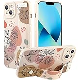 Jefonha Case for iPhone 13 Silicone Phone Case with Strap for Women Girls Cute Floral Flowers Pattern, Adjustable Soft Finger Strap Kickstand Protective Cover, Beige